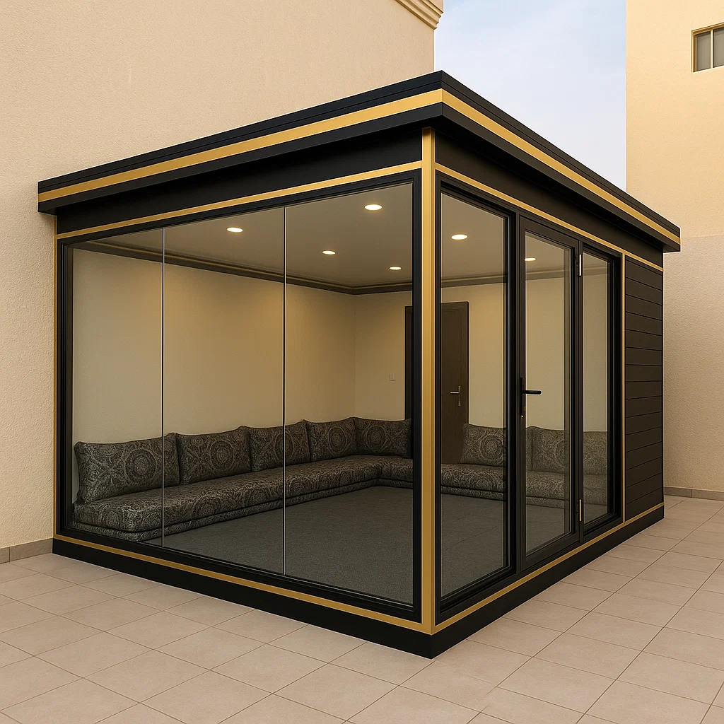 مجالس زجاجية صغيرة - مؤسسة القاسم - مجالس خارجية للمساحات الصغيرة - تفصيل سواتر ومظلات